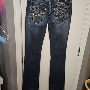 Miss Me Dark Blue Boot Cut Jeans with Embellished Flowers Rhinestones